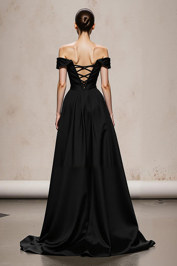 Off The Shoulder Black and White A-Line Evening Dress With Lace Up Back
